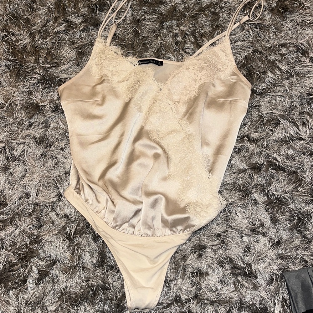 Abercrombie and Fitch Ivory Satin Lace Thong Bodysuit